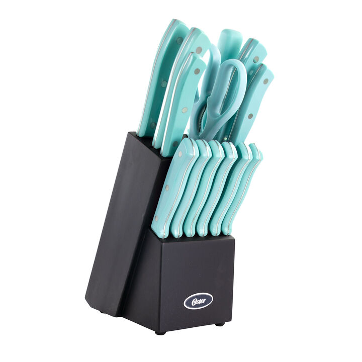 Oster Steffen 14 Piece Stainless Steel Cutlery Set with Storage Block in Blue