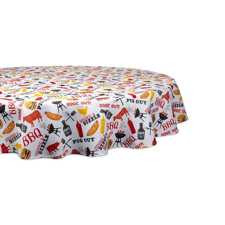 60" White and Yellow Barbeque Themed Round Outdoor Tablecloth