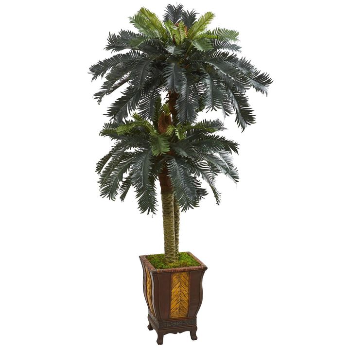 Nearly Natural 6-ft Double Sago Palm Artificial Tree in Designer Planter