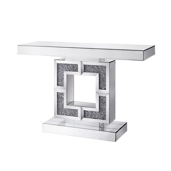 Wood and Mirror  Console Table with Square Keyhole Pedestal, Clear-Benzara