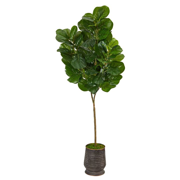 Nearly Natural 74-in Fiddle leaf Fig Artificial Tree in Ribbed Metal Planter