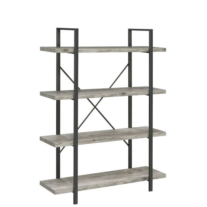 Ana 55 Inch Wood Bookcase, 4 Shelves, Crossed Metal Design, Light Gray-Benzara