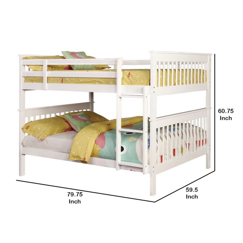 Mission Style Full over Full Bunk Bed with Attached Ladder, White-Benzara