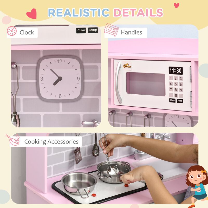 Wooden Play Kitchen with Lights Sounds, Kids Kitchen Playset with Water Dispenser, Microwave, Utensils, Sink, Spacious Storage, Stove, Gift for 3-6 Years Old, Pink