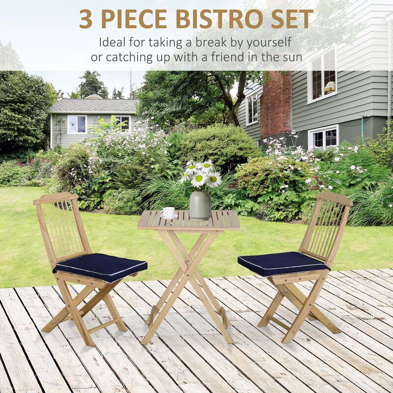 3 Piece Folding Patio Bistro Set, 2 Outdoor Wooden Folding Chairs and Table with Cushions for Poolside, Porch, Garden, Natural