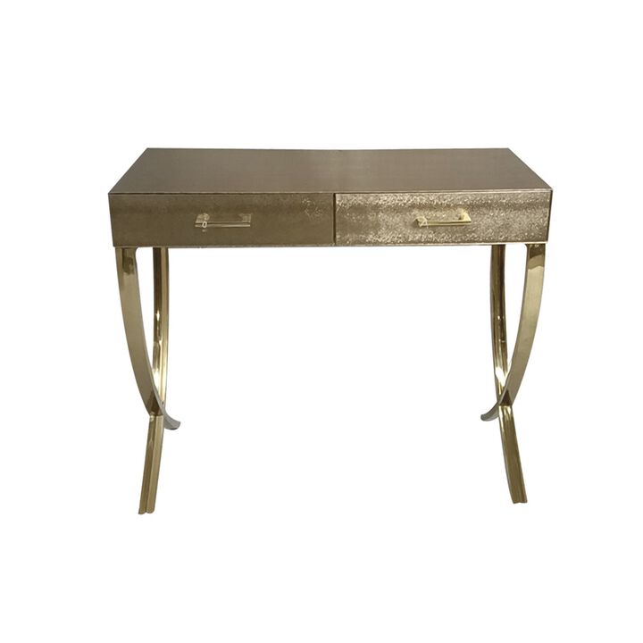 39 Inch Sofa Console Table, 2 Drawers, Vegan Faux Leather, Champagne Gold-Benzara