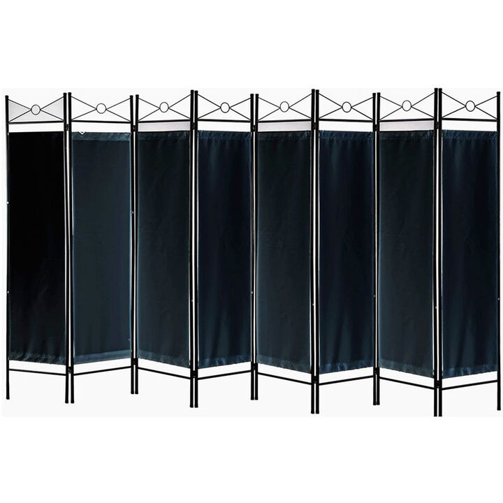 Legacy Decor 8 Panel Metal and Woven Fabric Room Divider with Two Way Hinges Black Color
