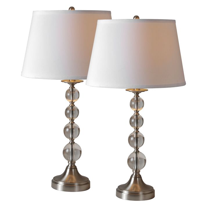 Set of 2 Glossy Crystal and Beige Table Lamps with Off White Drum Shades 28"