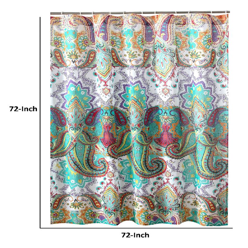 Vana 72 Inch Shower Curtain, Microfiber Fabric, Blue and Red Paisleys Print-Benzara