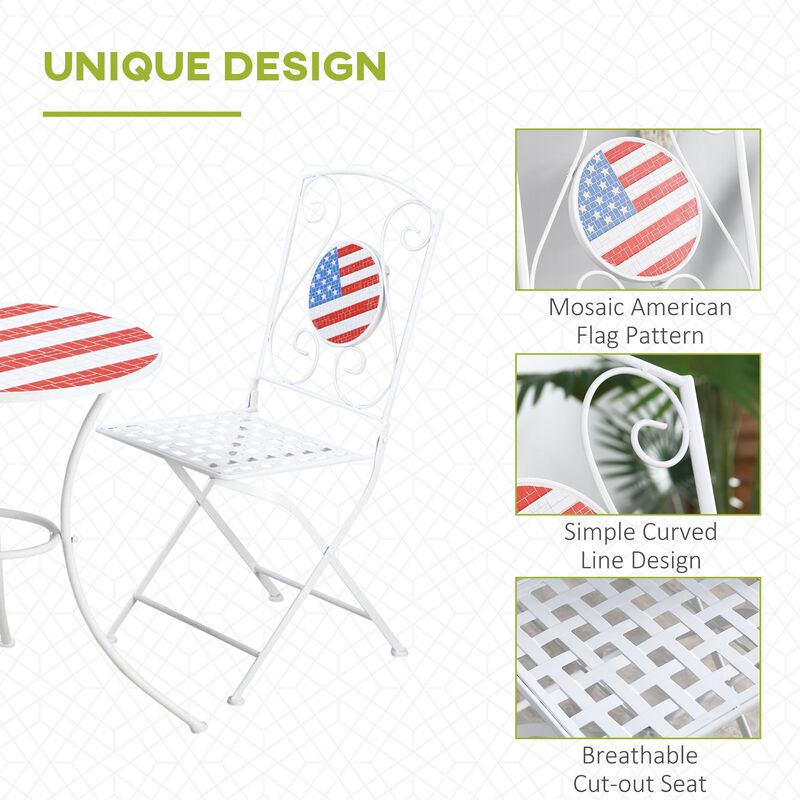 3 Piece Patio Bistro Set with Coffee Table and 2 Folding Chairs, Mosaic American Flag Tabletop and Backs, for Garden, Balcony, White