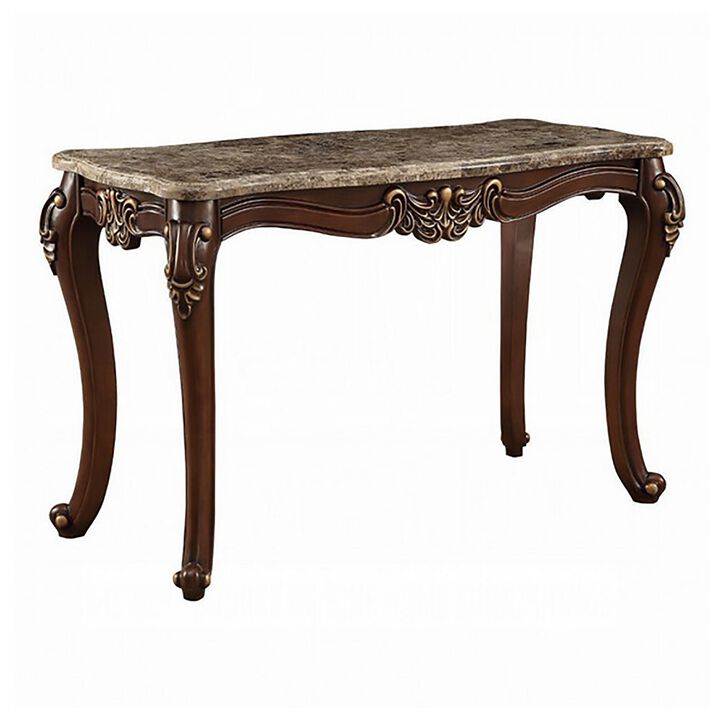 Marble Top Sofa Table With Carved Floral Motifs Wooden Feet, Brown-Benzara