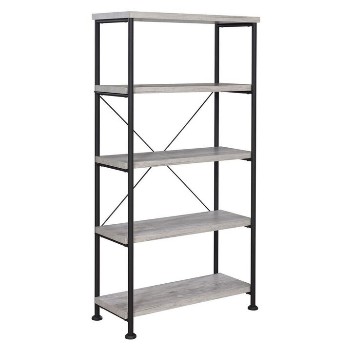 Sophisticated Wood and Metal Open Bookcase, Gray-Benzara