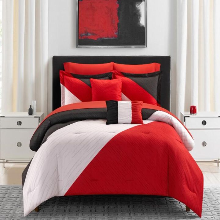 NY&C Home Kinsley 9 Piece Comforter Set Color Block Design Distressed Stripe Print Bed In A Bag Bedding - Sheets Pillowcases Decorative Pillows Shams Included, Queen, Red