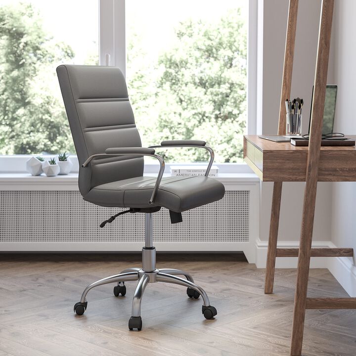Flash Furniture Whitney Mid-Back Desk Chair - Gray LeatherSoft Executive Swivel Office Chair with Chrome Frame - Swivel Arm Chair