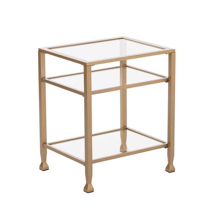 Homezia 24" Gold Glass And Iron Rectangular End Table With Two Shelves