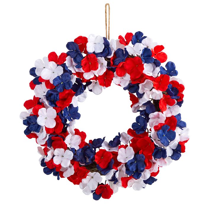 HomPlanti 18" Americana Patriotic Hydrangea Artificial Wreath Red White and Blue