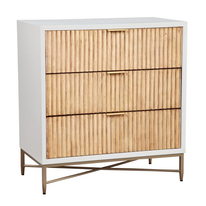Eli 34 Inch 3 Drawer Small Dresser Nightstand, Corrugated Panels, White, Gold-Benzara