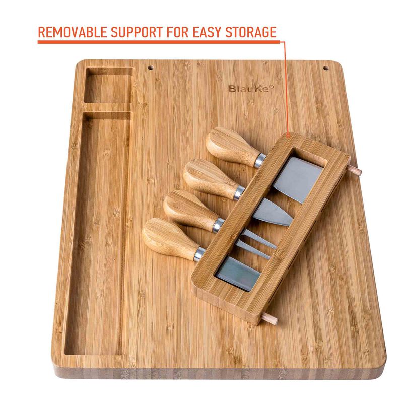 Bamboo Cheese Board and Knife Set - 14x11 inch Charcuterie Board with 4 Cheese Knives - Wood Serving Tray