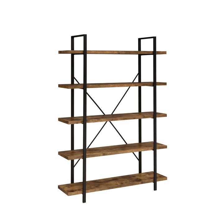Ana 70 Inch Wood Bookcase, 5 Shelves, Crossed Metal Design, Rustic Brown-Benzara