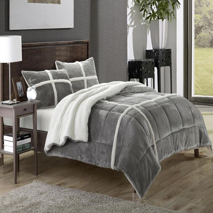 Chic Home Chloe Plush Microsuede Soft & Cozy Sherpa Lined 3 Pieces Comforter & Shams Set - King 104x90, Silver