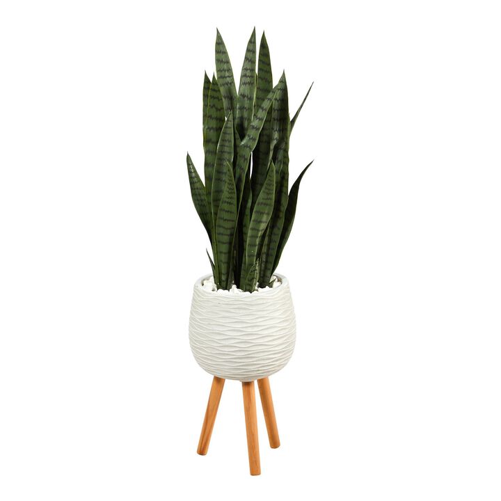 Nearly Natural 46-in Sansevieria Artificial Plant in White Planter with Stand