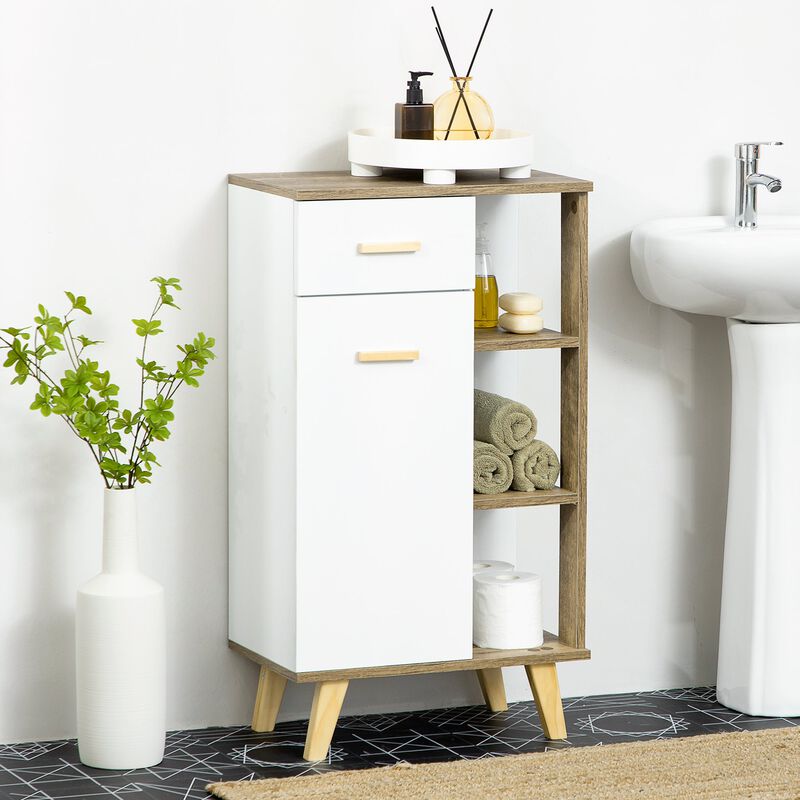 Bathroom Floor Cabinet, Side Storage Organizer Cabinet with Drawer and Shelves for Bathroom, Entryway and Kitchen, White and Natural