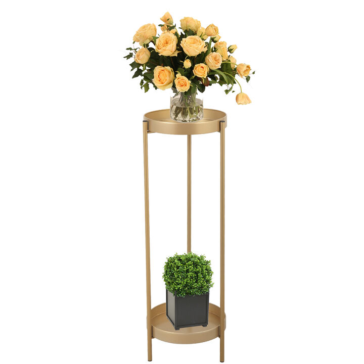 31.5”H Modern Folding Metal 2-Tier Plant Stand Potted Plant Holder Shelf with 2 Round Trays, Indoor Outdoor, Versatile, Golden