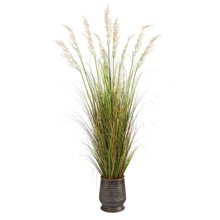Nearly Natural 6-ft Grass Artificial Plant in Ribbed Metal Planter