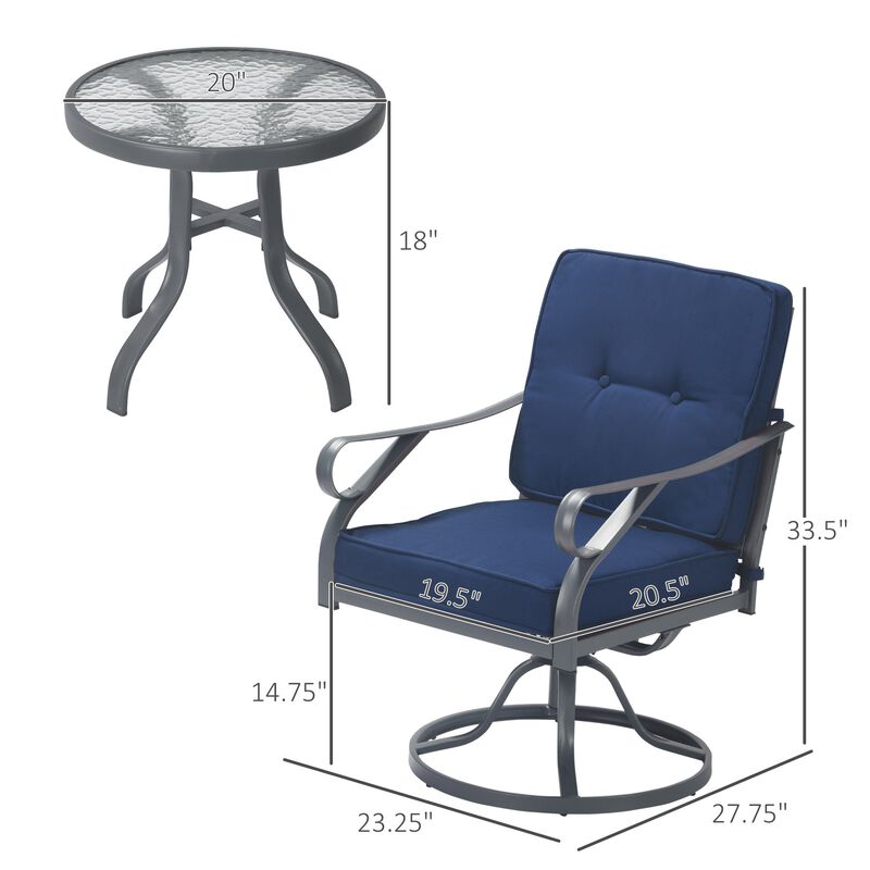 3 Pieces Outdoor Swivel Bistro Set, 2 Rocker Chairs and 1 Round Tempered Glass Table with Cushion, Porch and Garden Furniture, Blue