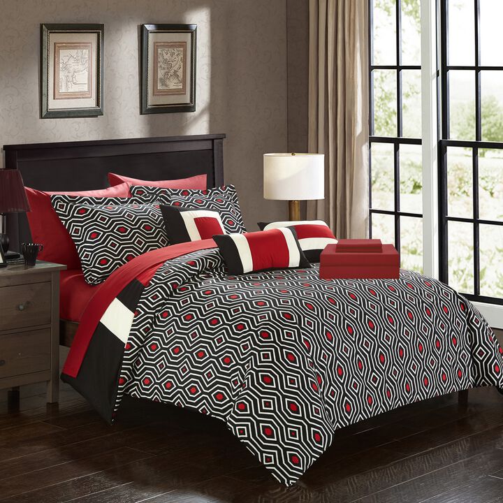 Chic Home Kavalier Color Block Geometric Pattern Design Hotel Collection Sheets 10 Pieces Comforter Decorative Pillows & Shams - Queen 90x90, Red