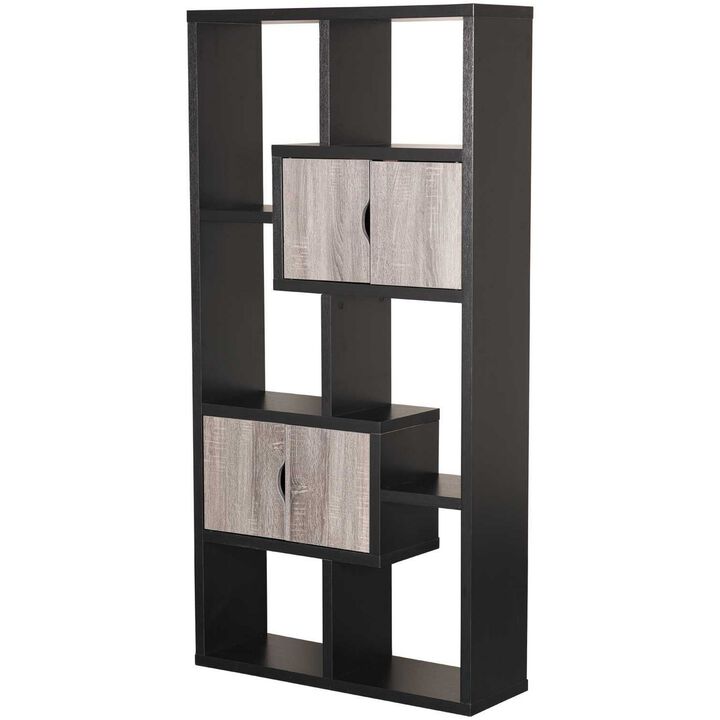 Wooden Bookcase with 4 Doors and 6 Shelves, Black and Distressed Gray-Benzara