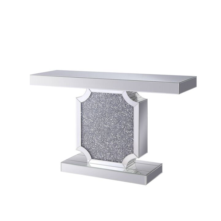 Wood and Mirror Console Table with Faux Crystal Accented Sculptural Pedestal Base, Clear-Benzara