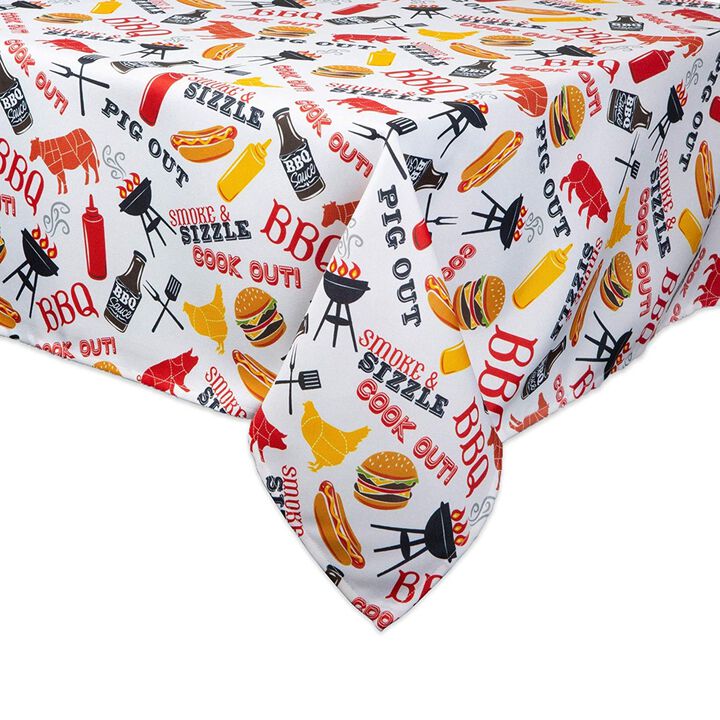 120" White and Yellow Barbeque Themed Rectangular Outdoor Tablecloth with Zipping