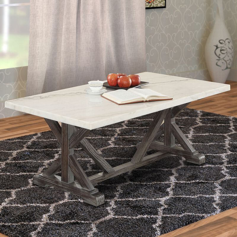 Marble Rectangle Shaped Coffee Table with Wooden Trestle Base, White and Espresso Brown-Benzara