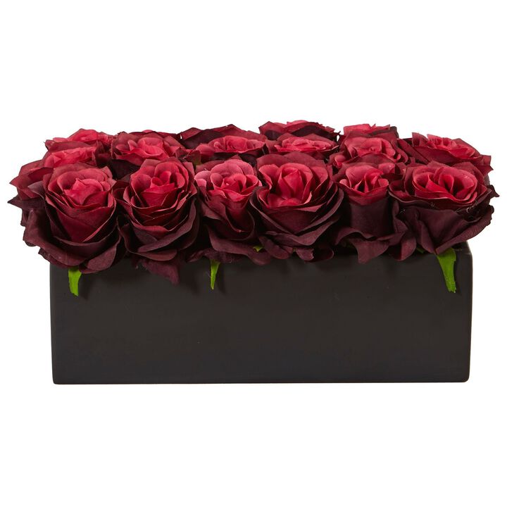 Nearly Natural 6-in Roses in Black Rectangular Planter Burgundy