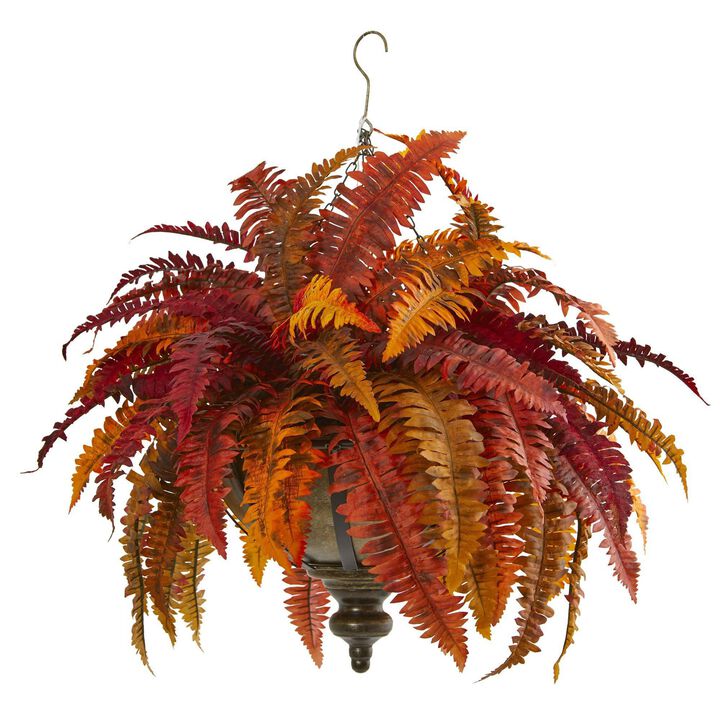 Nearly Natural 28-in Autumn Boston Fern Plant in Hanging Metal Bowl