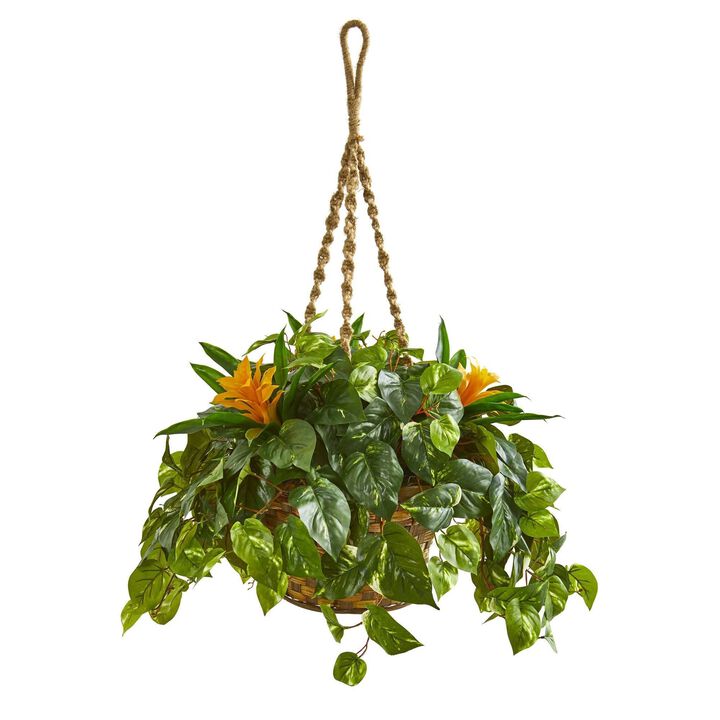 Nearly Natural 31-in Bromeliad & Pothos Artificial Plant in Hanging Basket