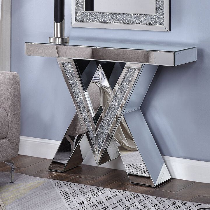 Wood and Mirror Console Table with Interlocking V Shape Base, Clear-Benzara