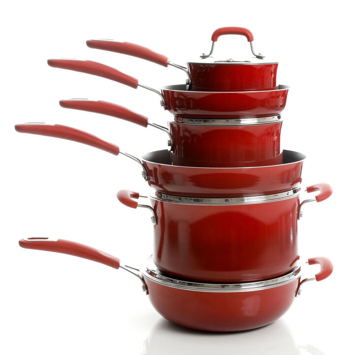 Kenmore Elite Andover 10 Piece Nonstick Aluminum Cookware Set in Red Gradient