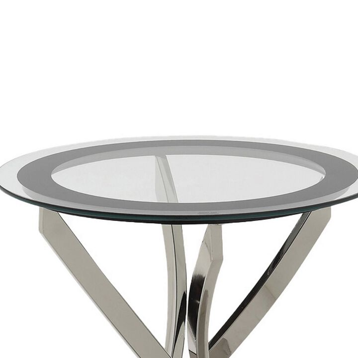Round Tempered Glass Top End Table with Curved Metal Legs, Silver and Clear-Benzara
