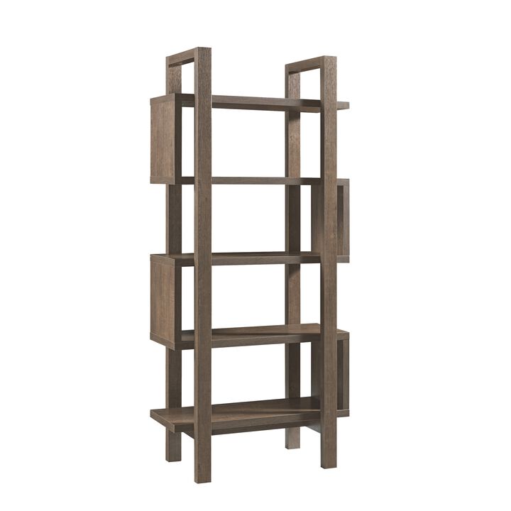 5 Shelf Open Design Wooden Bookcase with Zig Zag Design, Brown-Benzara