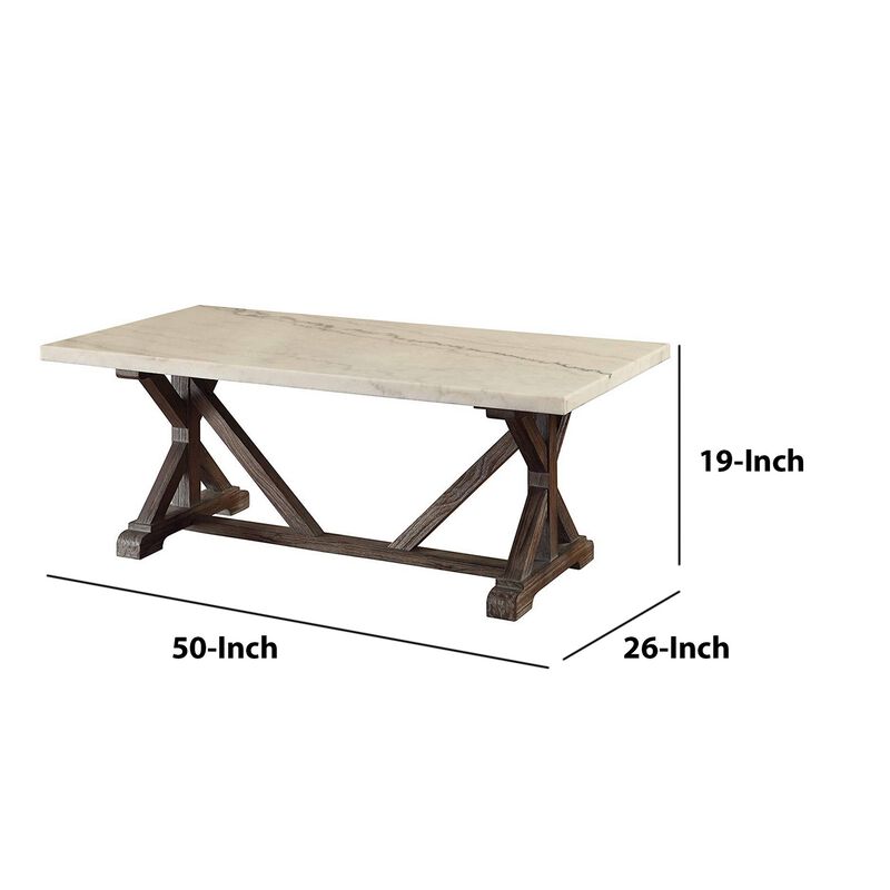 Marble Rectangle Shaped Coffee Table with Wooden Trestle Base, White and Espresso Brown-Benzara