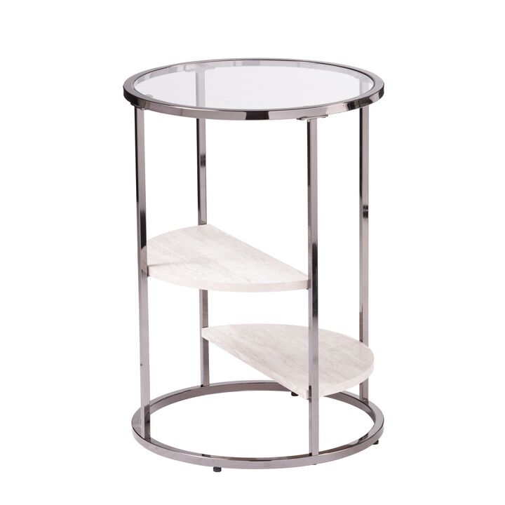 Homezia 24" Black Metal Glass And Faux Marble Round End Table With Two Shelves