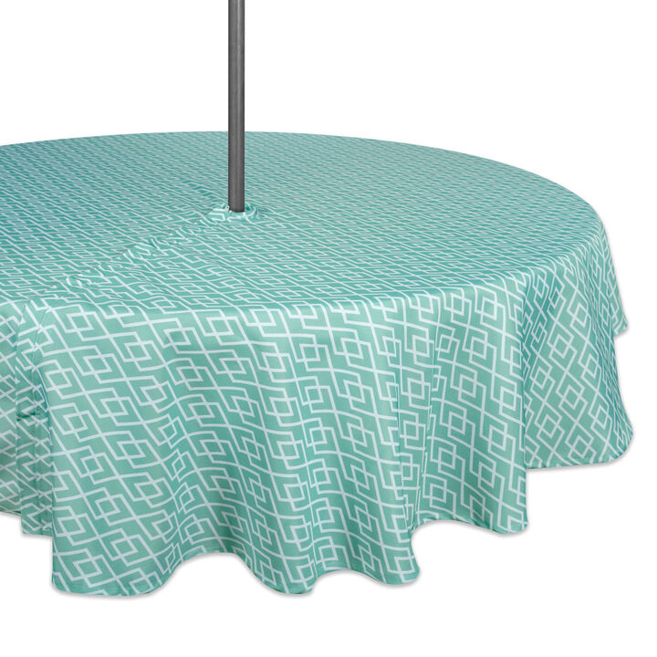 Aqua Green and White Diamond Pattern Outdoor Round Tablecloth with Zipper 60”
