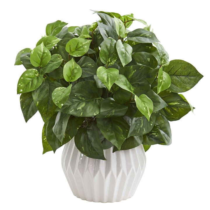 Nearly Natural 16-in Pothos Artificial Plant in White Ceramic Vase