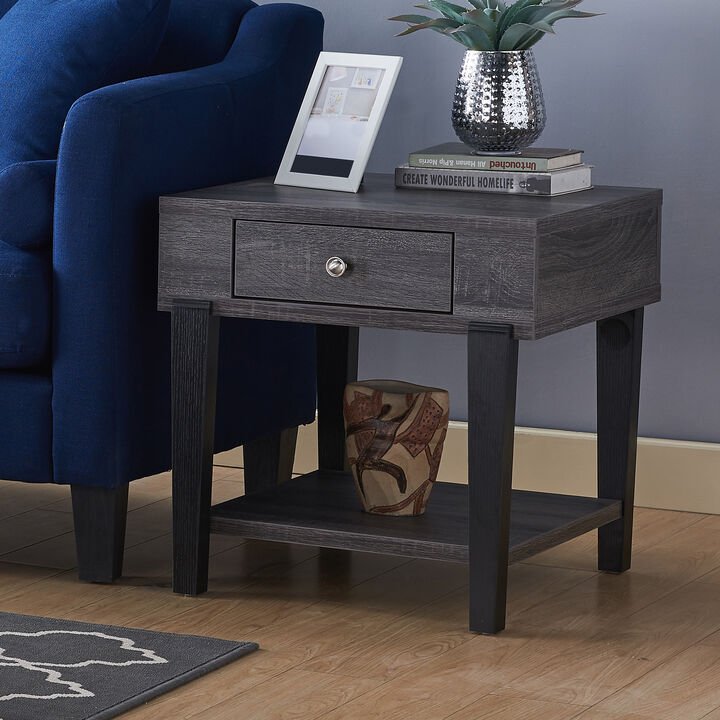 Distressed Grey & Black End Table with 2 Tier Display & Drawer