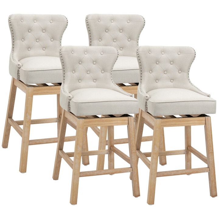 Upholstered Fabric Bar Height Bar Stools, 180° Swivel Nailhead-Trim Pub Chairs, 30" Seat Height with Rubber Wood Legs, Set of 4, Cream