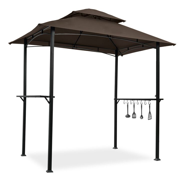 Outdoor Grill Gazebo 8x5 Ft, Double Tier Soft Top Canopy, Steel Frame Shelter Tent with Hook, Bar Counters