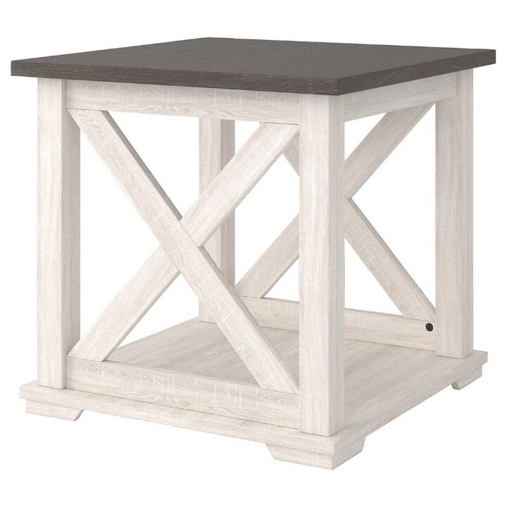 End Table with Bottom Shelf and Cross Buck Design, Gray and White-Benzara
