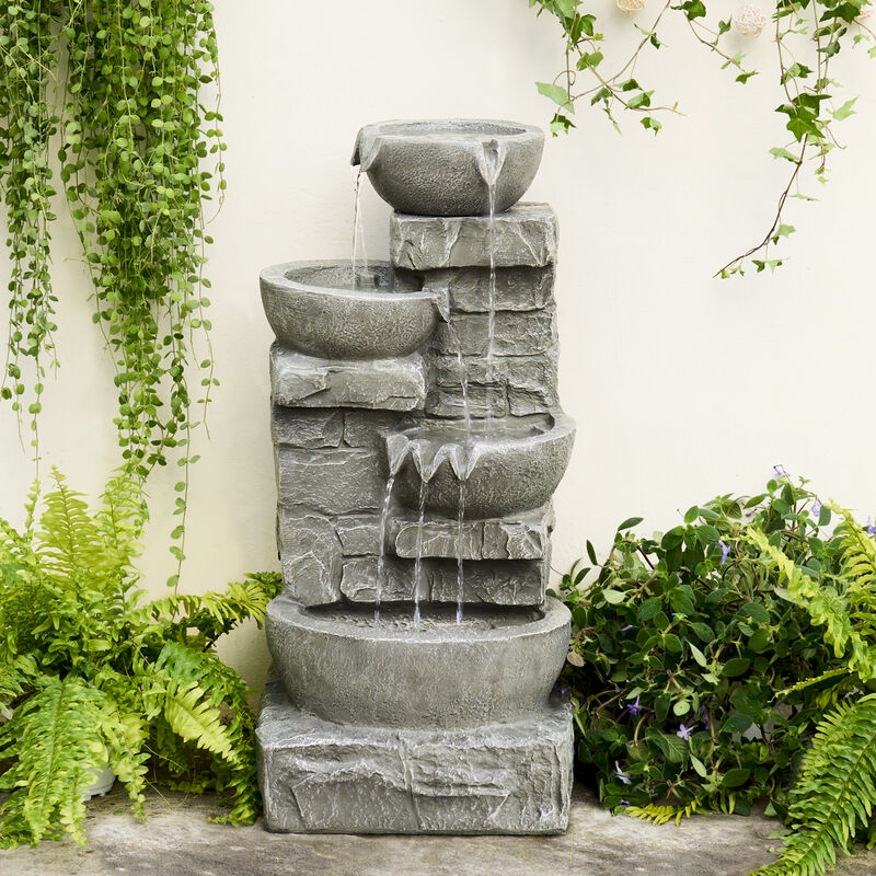 Teamson Home Outdoor Cascading Bowls and Stacked Stone Waterfall Fountain with LED Lights, Gray